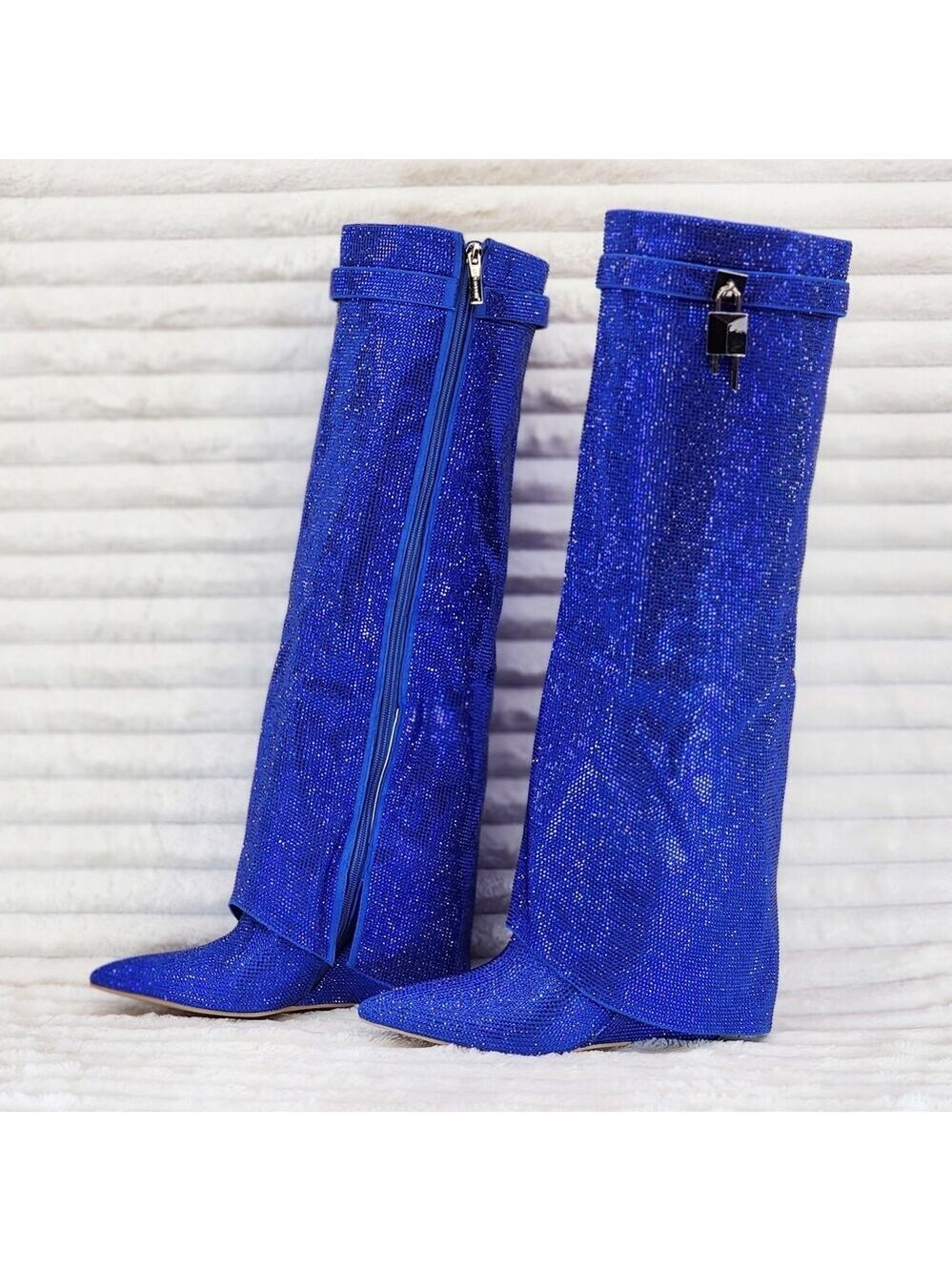 NIB Super Sparkle Sharky Skirted Fold Over Wedge Heel Knee Boots Royal Blue - Picture 15 of 15